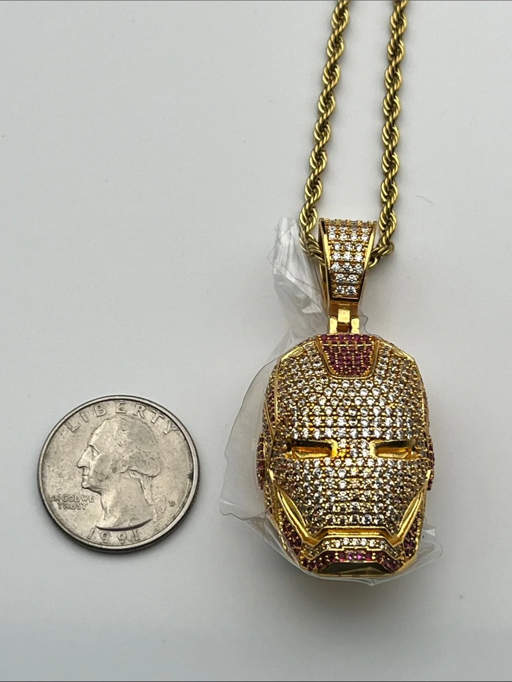 24”, Gold Iron Mask Pendant Necklace - Men's Gold Tone Statement Jewelry